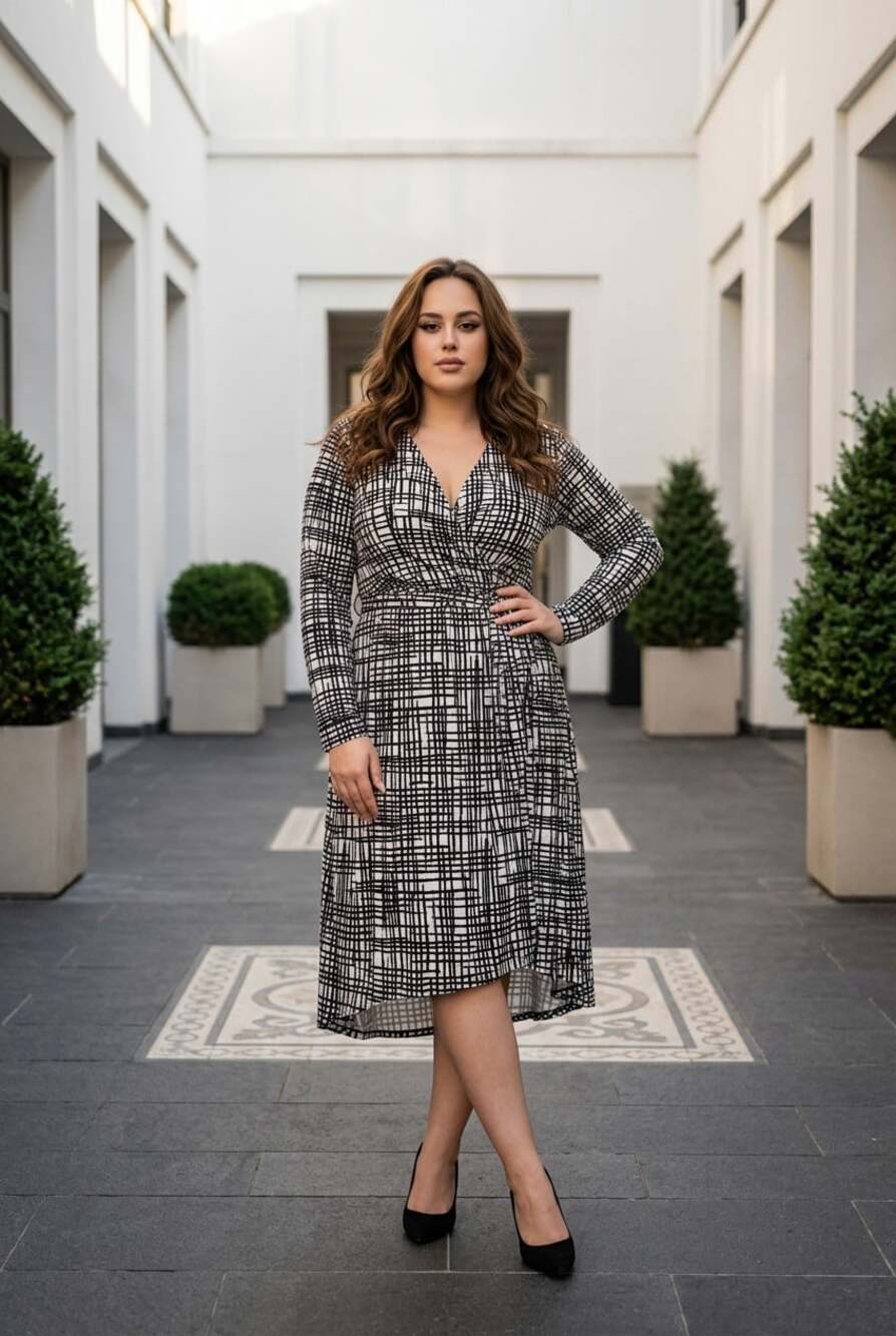 Ava & Viv Long Sleeve Wrap V-Neck Black White Geometric Midi Dress Boho Prairie